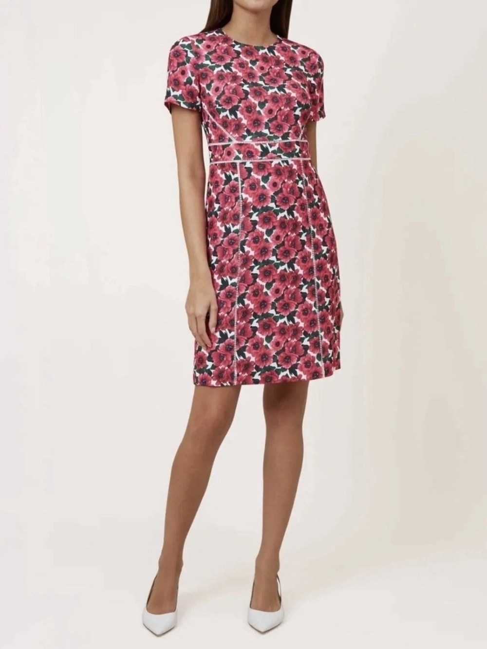 Hobbs Livia Raspberry Floral Shift Dress Magenta Green Poppy Print Knee Length 6